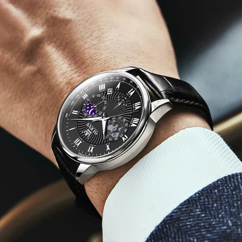 Mondphasen-Uhr – Schwarzes Zifferblatt, Klassische Eleganz