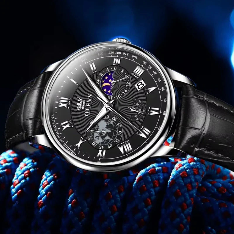 Mondphasen-Uhr – Schwarzes Zifferblatt, Klassische Eleganz